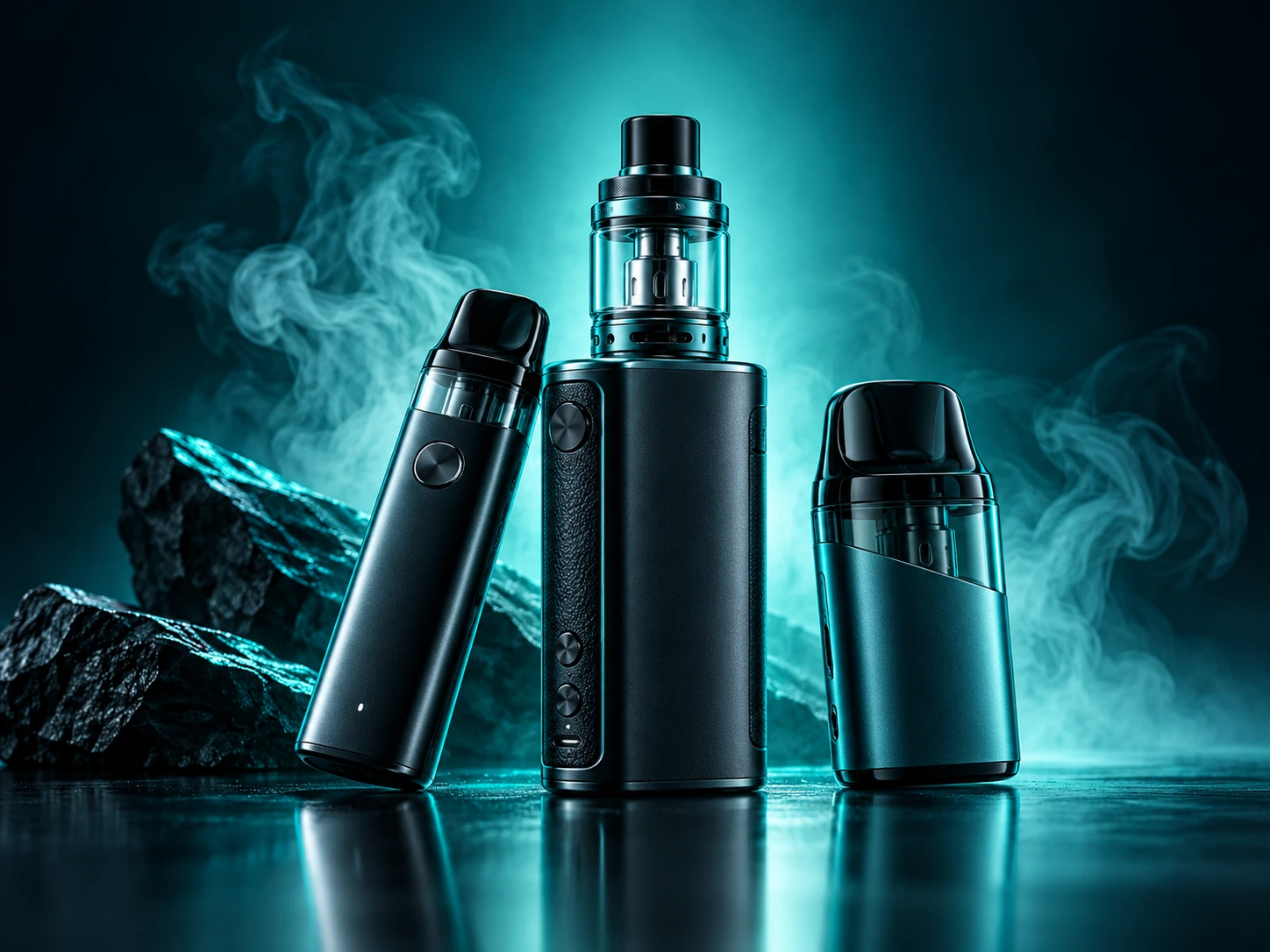Verschiedene Vape-Systeme in dunkler Petrol-Markenwelt