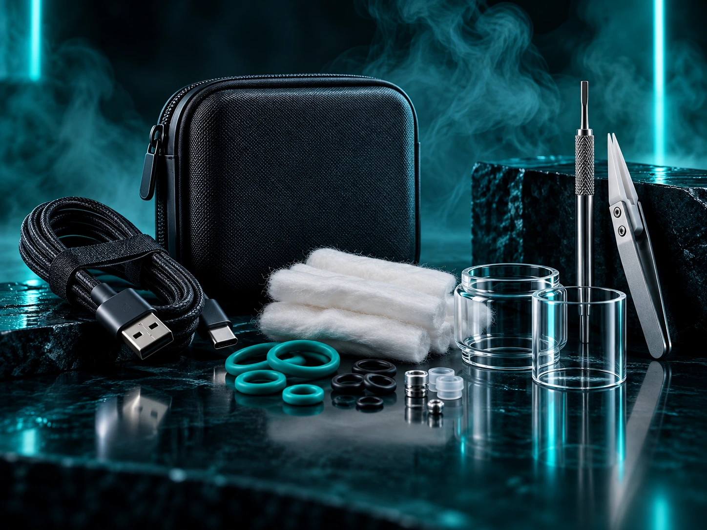 Vape Zubehör mit Kabeln, Glas, Watte und Ersatzteilen